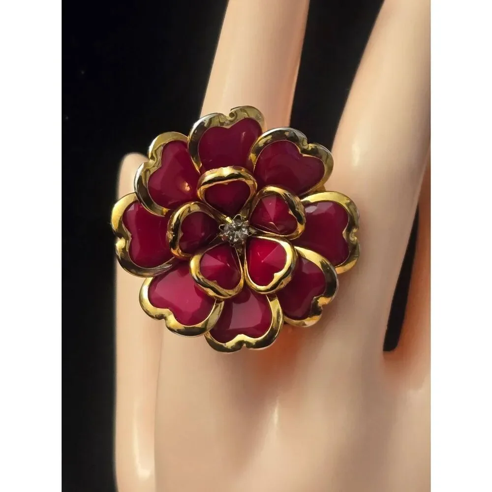 Women's Vintage Red Bead Flower W/ Gold Tone Adjustable Ring